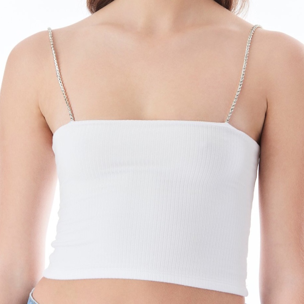 LF White Rhinestone Strap Crop Top